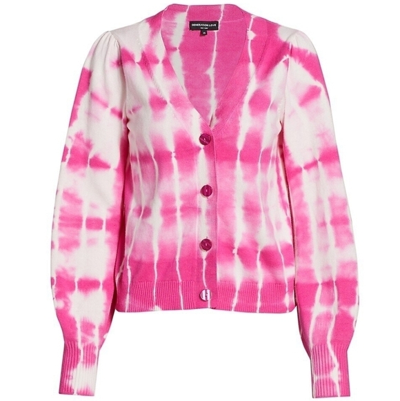 Generation Love Pink White Tie-Dye Cotton Silk Long Sleeve Button-Up Cardigan - Picture 3 of 13